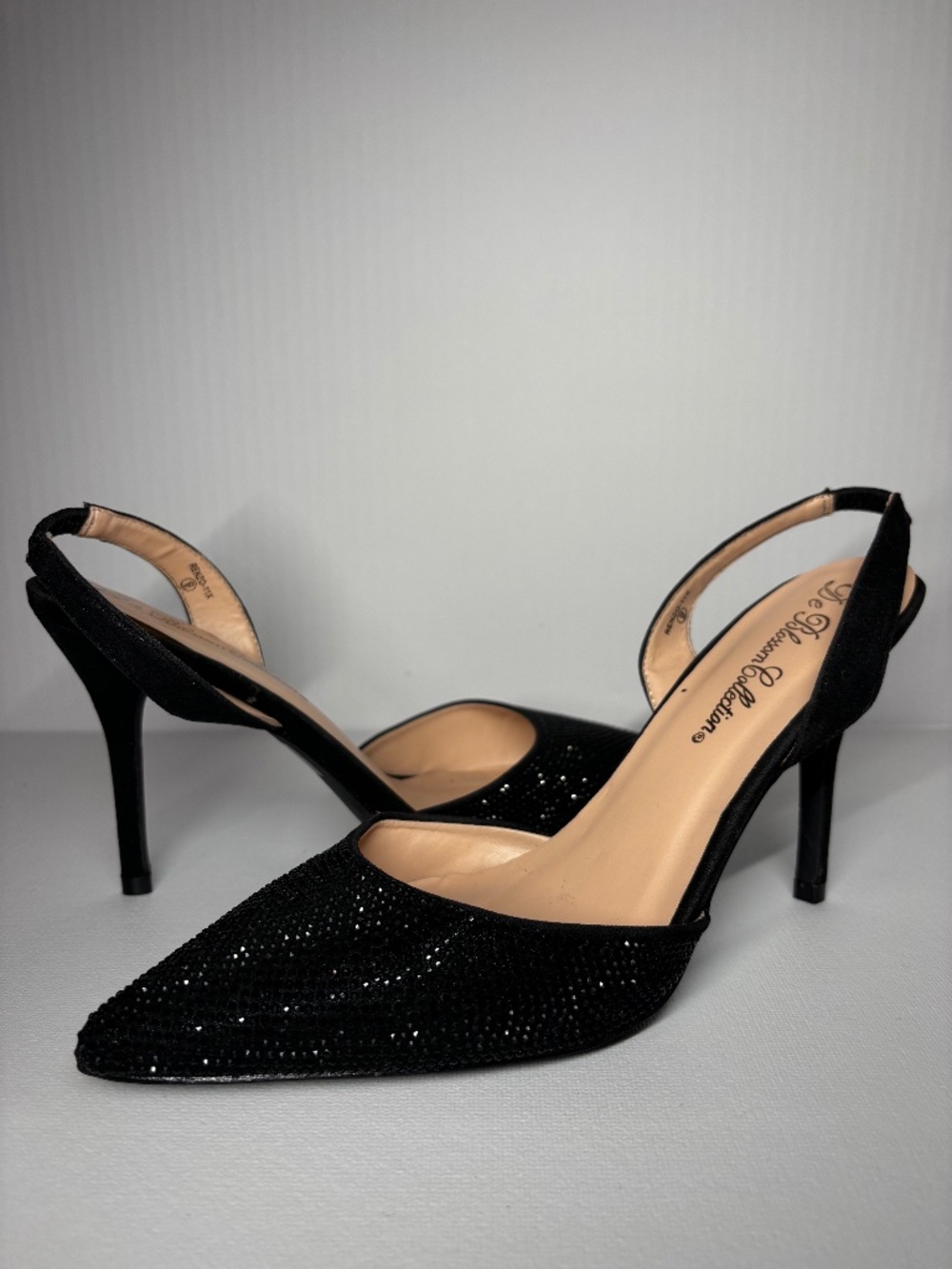 De Blossom Collection Black Rhinestone Slingback Heels Size 9 Pointed Toe Pumps
